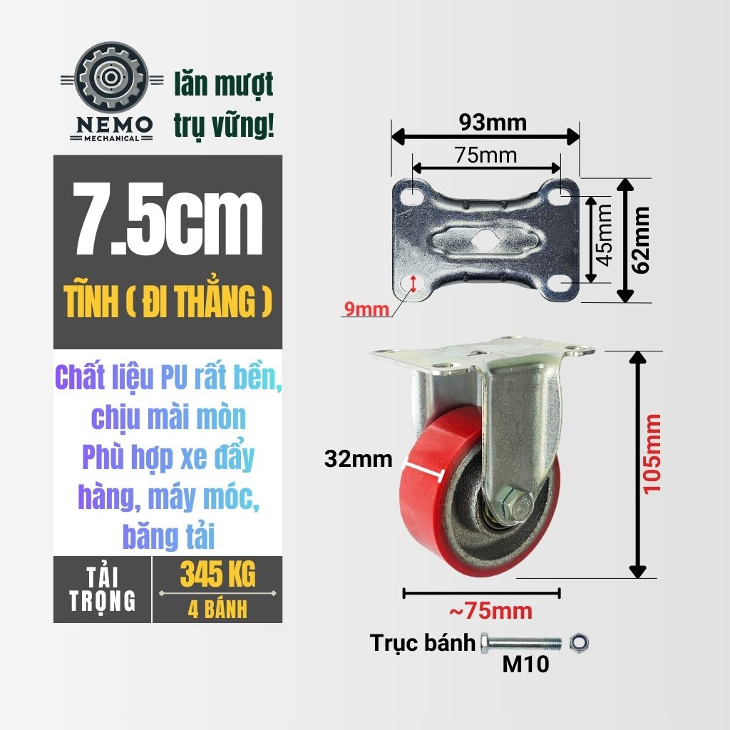 Bánh Xe PU Cốt Sắt Tải Trung – Siêu Bền, Kháng Dầu Mỡ (D75, D100, D125)